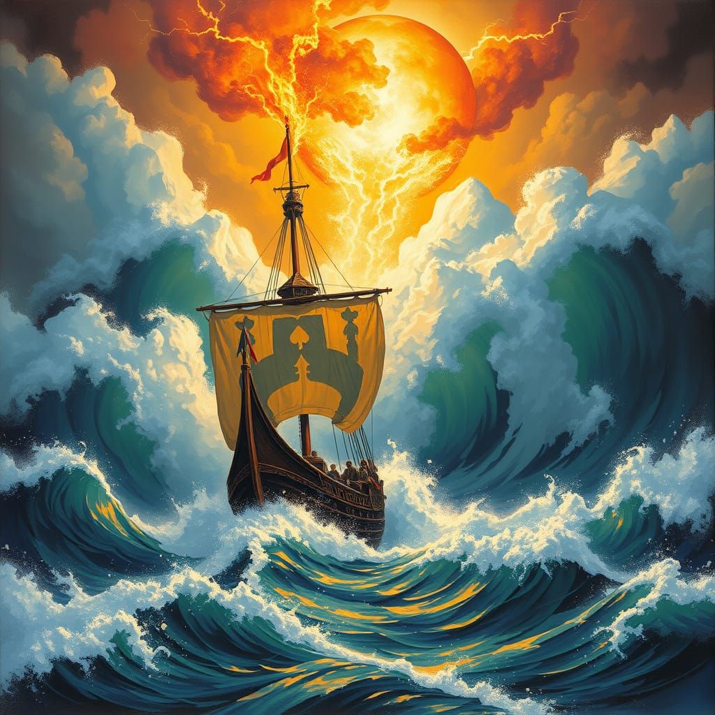 Viking Longship Enveloped in Turbulent Stormy Seas with Thun...