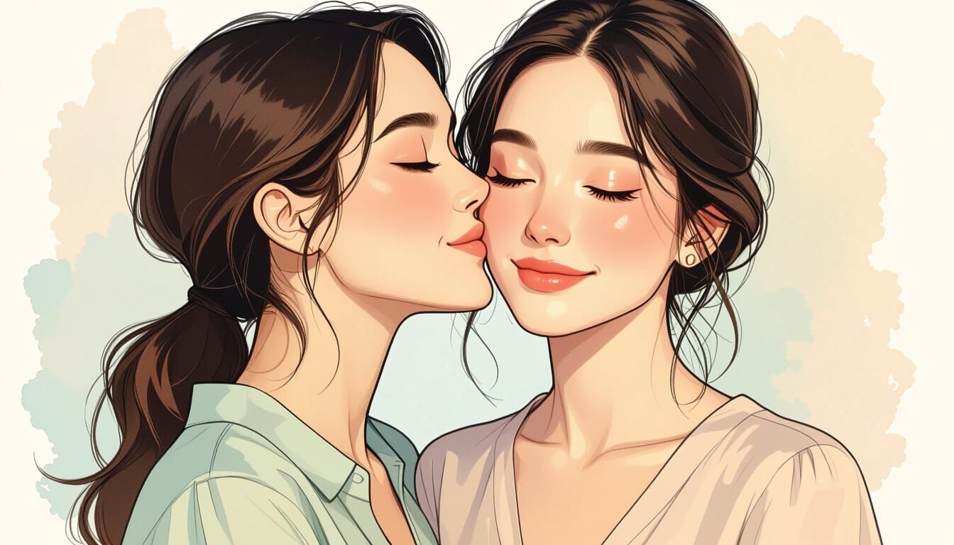 Gentle Woman's Tender Kiss, Color Pencil and Watercolor