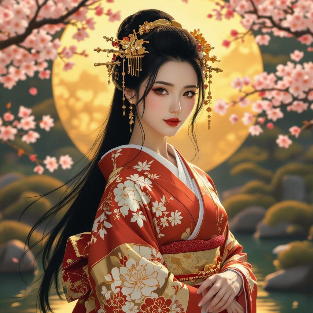 Japanese Woman in Tea Garden, Klimt and Mucha Style