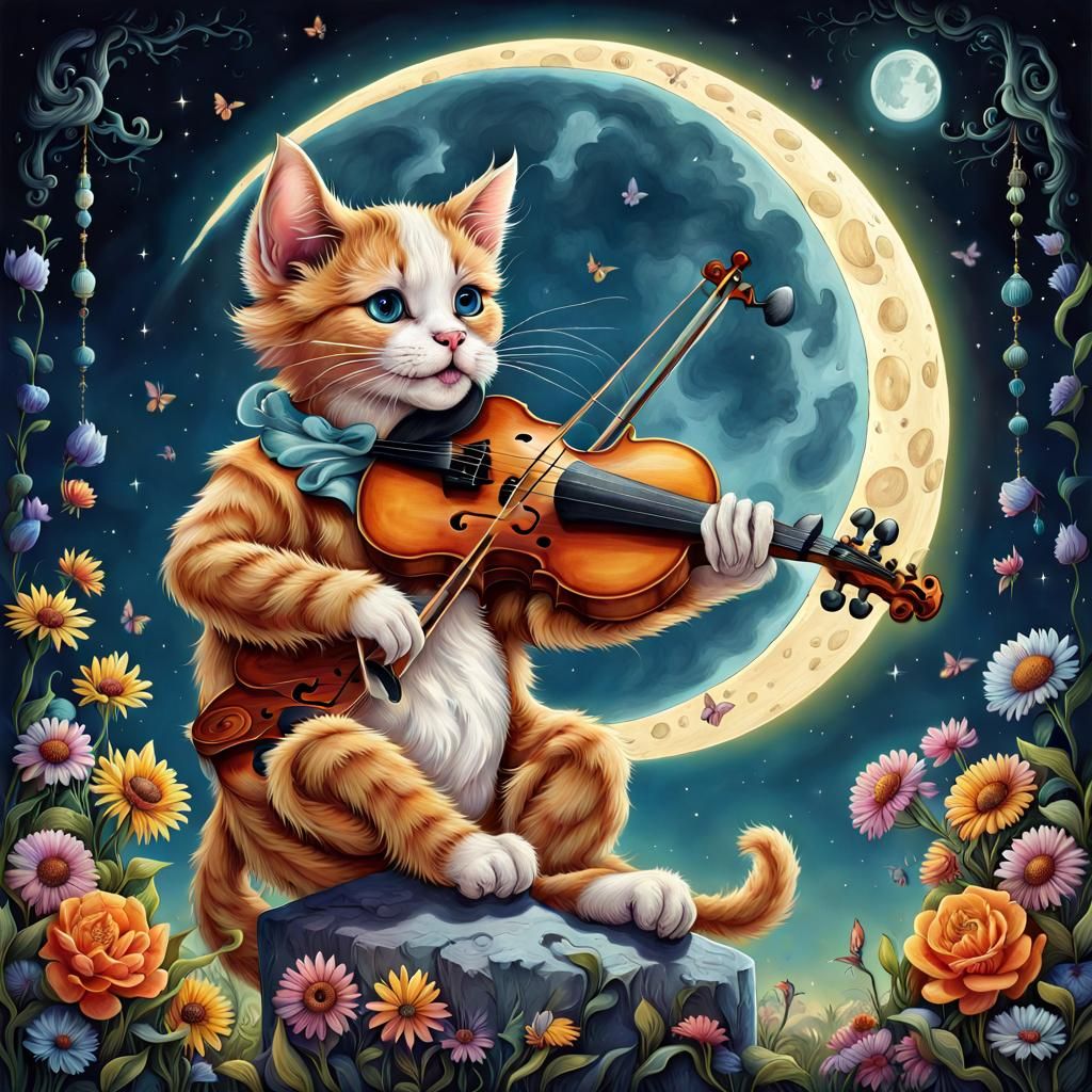 Whimsical Cat and Fiddle Fairy-Tale Illustration