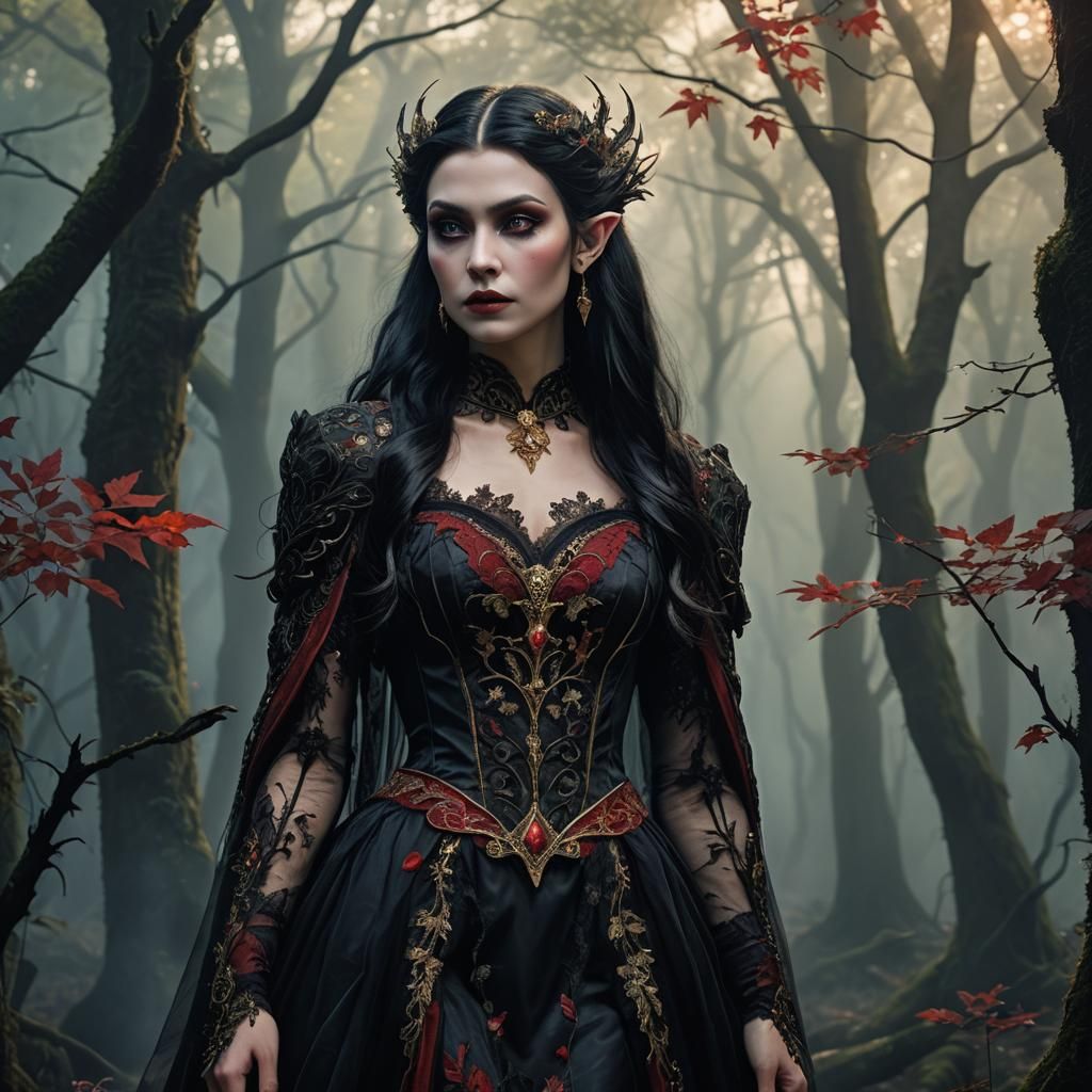 Elegant Elf Vampire Princess in Autumn Forest