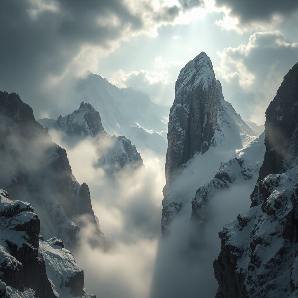Epic Fantasy Snowy Mountain Landscape with Misty Chasm