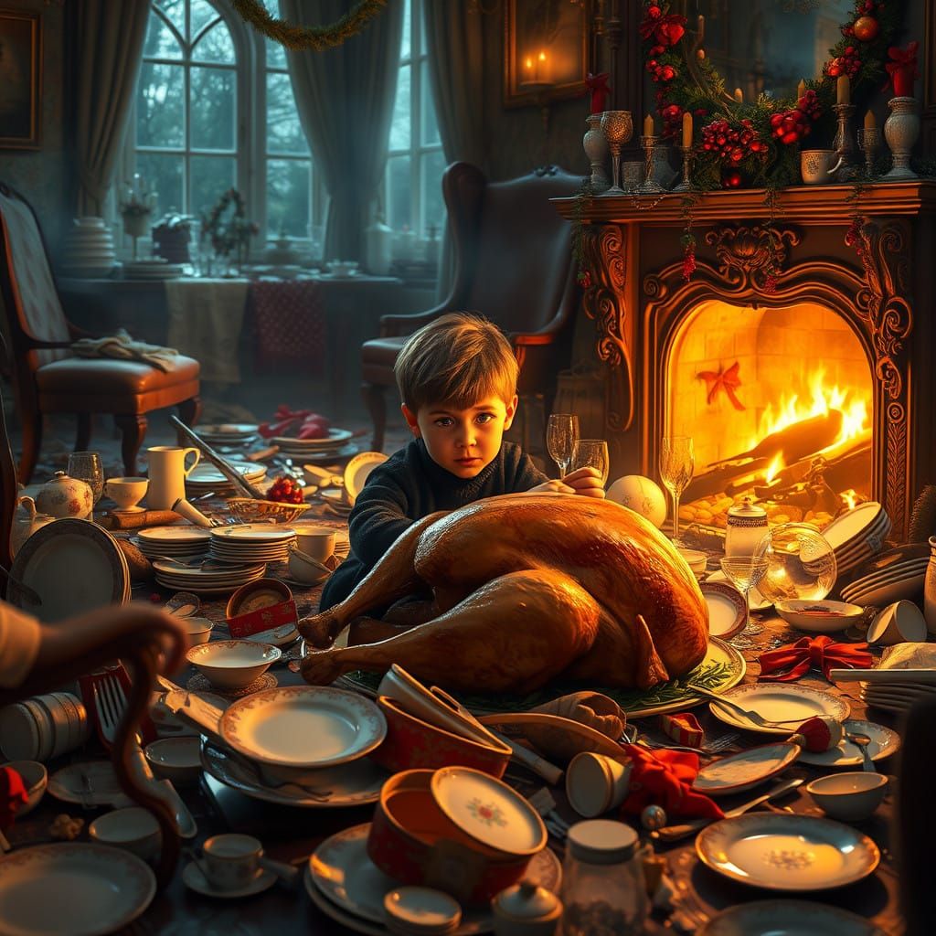 Remorseful Kid Amidst Christmas Dinner Ruin in Moody, Cinema...