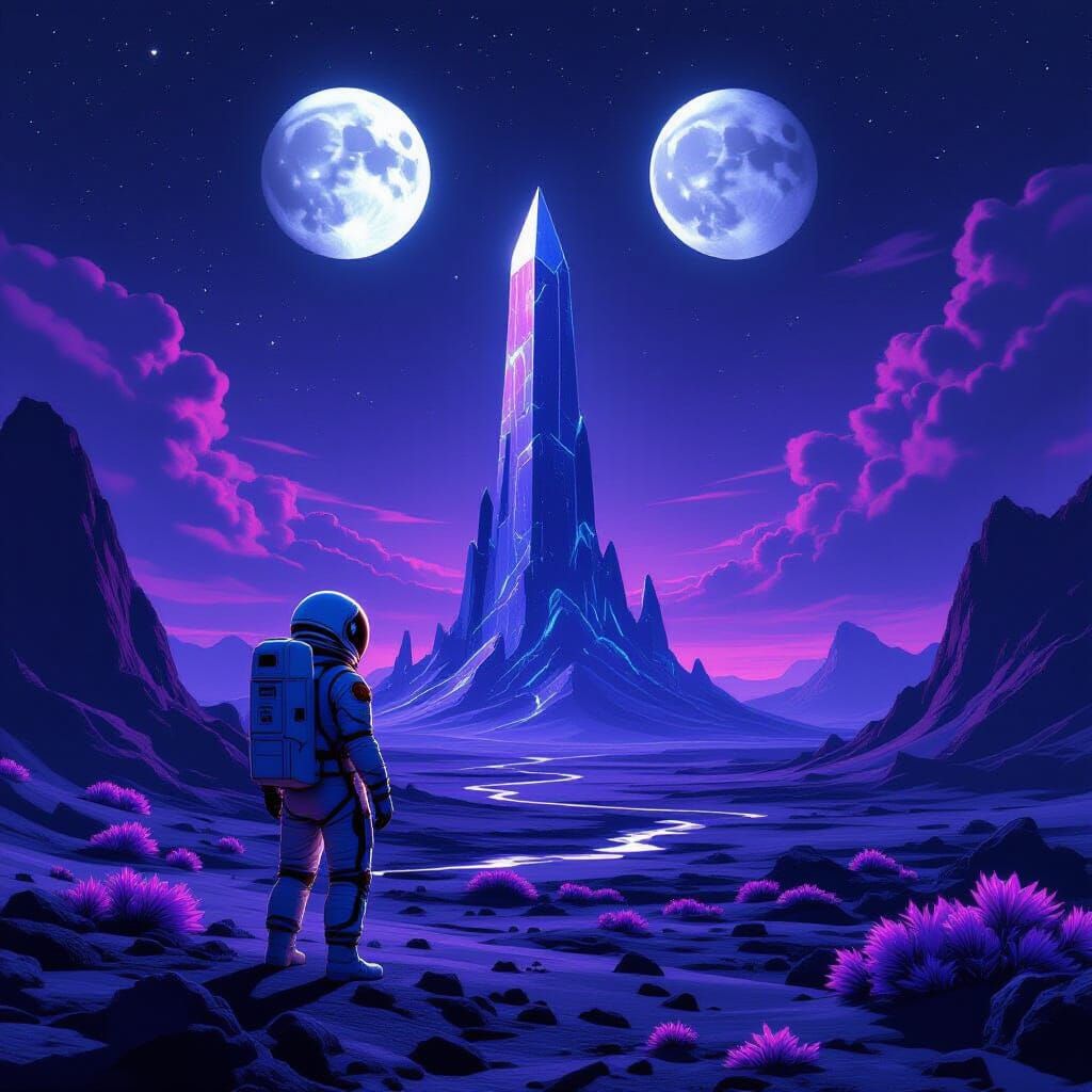 Astronaut Gazes at Crystal Structure on Alien Planet