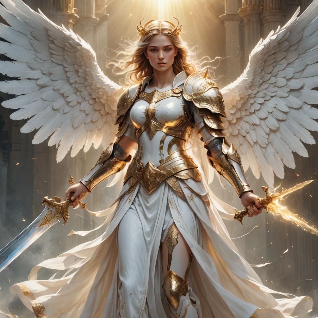 Majestic Angel with Sword and Shield in Digital Fantasy