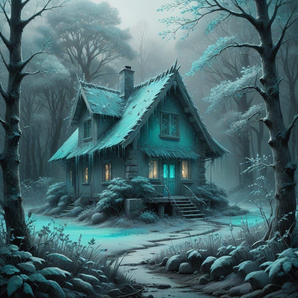 Frozen Forest Cottage in Surrealist Style