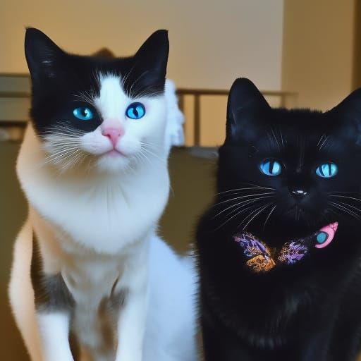 Two cats& they are best friends,& The first one is a black cat with Green eyes& the other cat is a black white tuxedo ca...