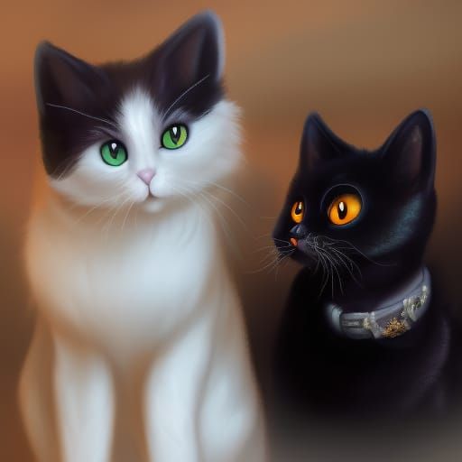 Two cats& they are best friends,& The first one is a black cat with Green eyes& the other cat is a black white tuxedo ca...