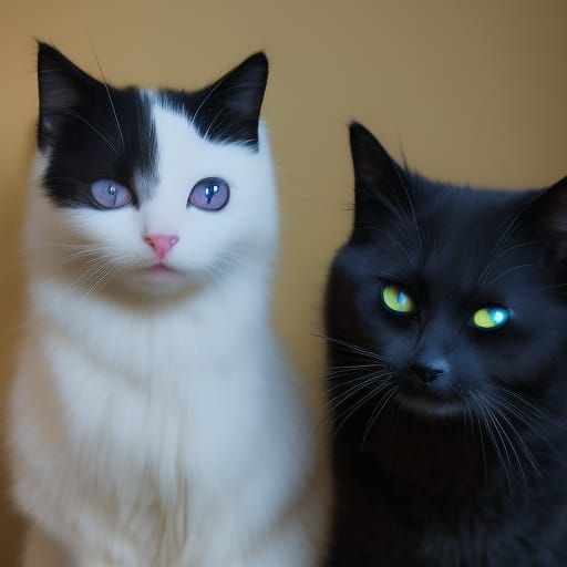 Two cats& they are best friends,& The first one is a black cat with Green eyes& the other cat is a black white tuxedo ca...
