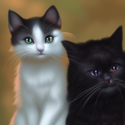 Two cats& they are best friends,& The first one is a black cat with Green eyes& the other cat is a black white tuxedo ca...