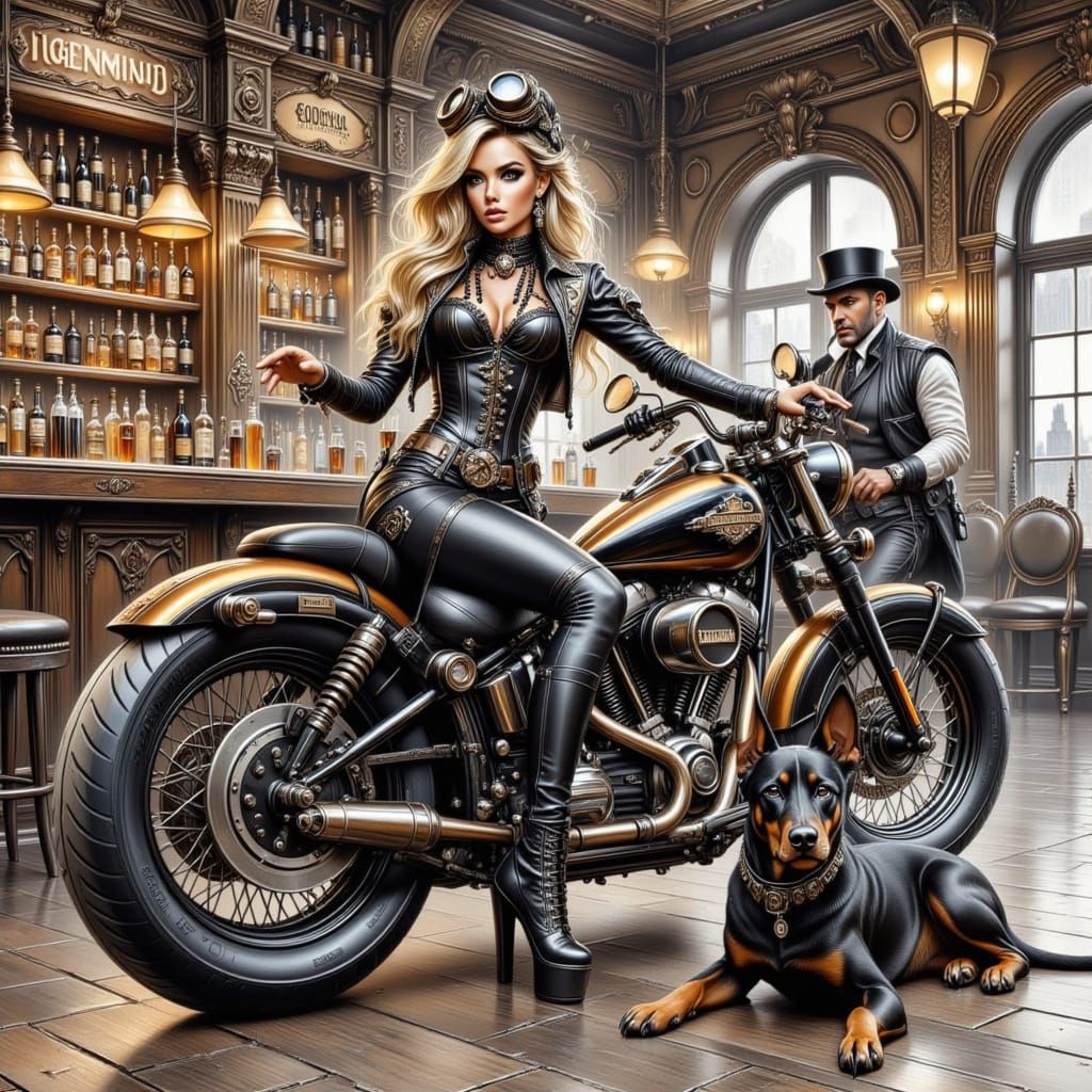 Steampunk Biker Girl with Motorcycle and Doberman