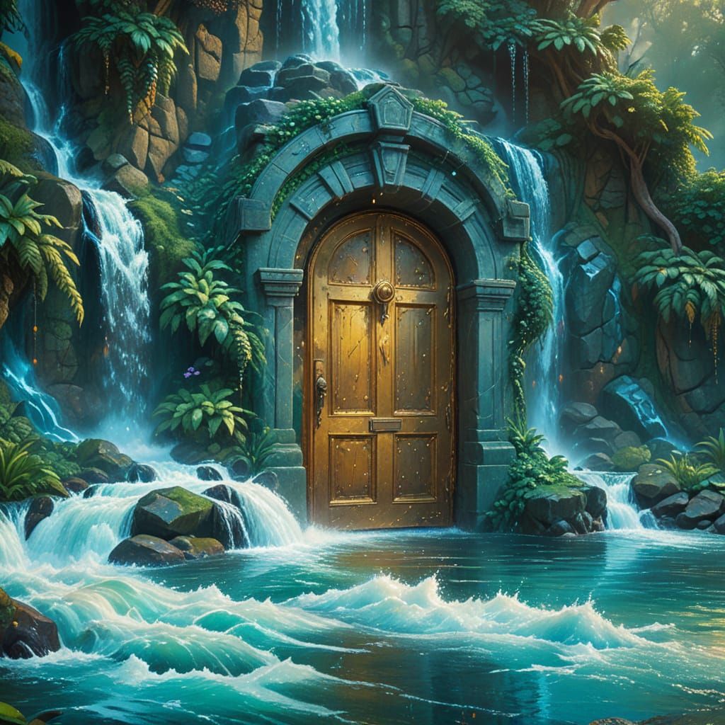Mysterious Doorway Hidden Behind Waterfall: Fantasy Art