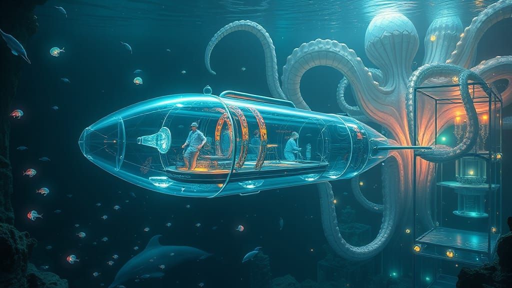 Glass Submarine in Bioluminescent Underwater City