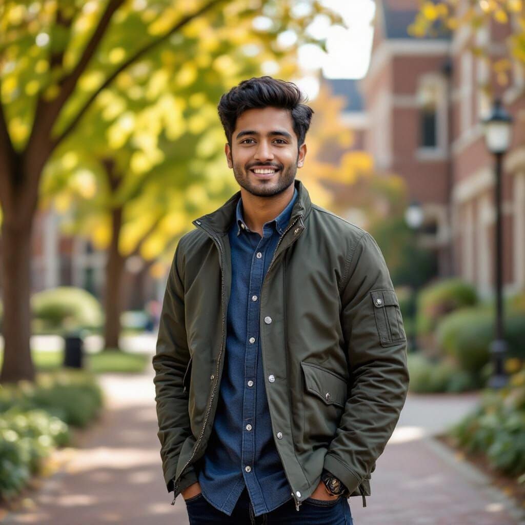Indian Man on Campus in Hyperrealistic Style