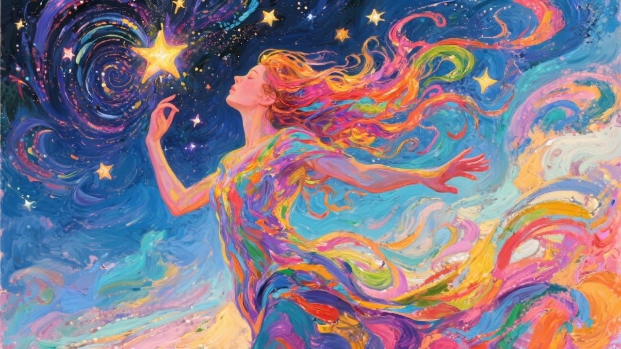 Expressionist Woman Dancing Under Starry Sky