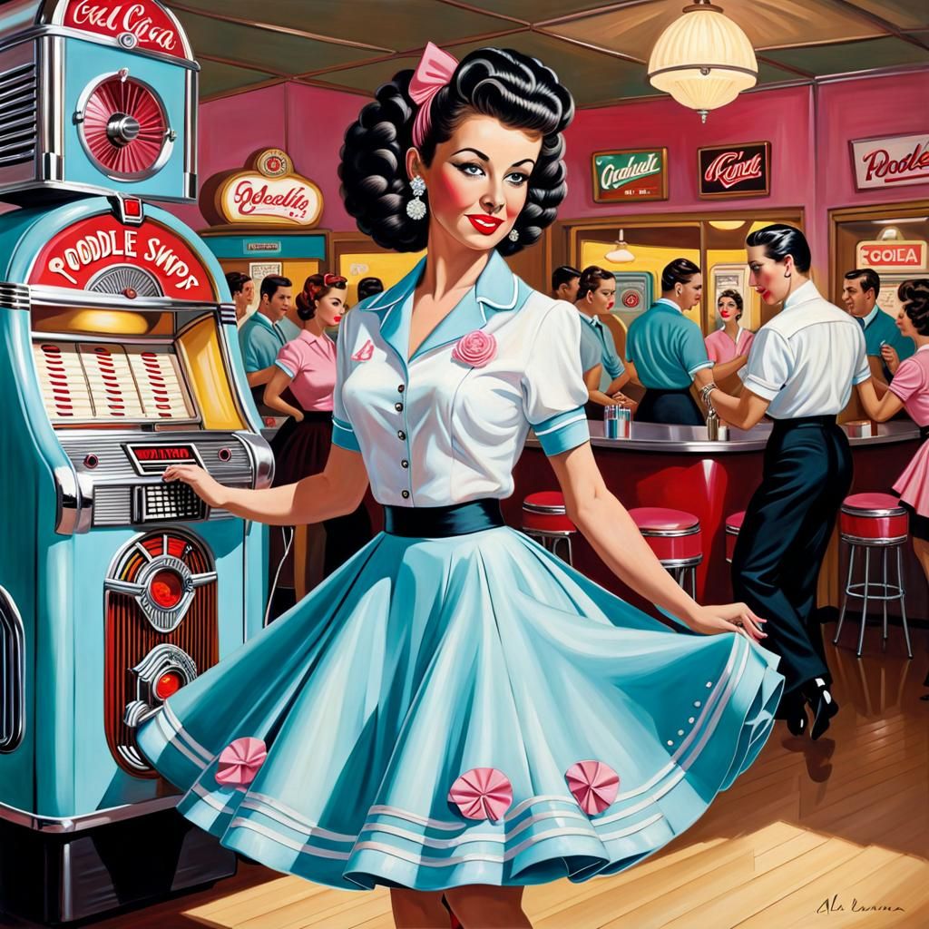 1950s Woman Dancing the Twist: Retro Oil Painting