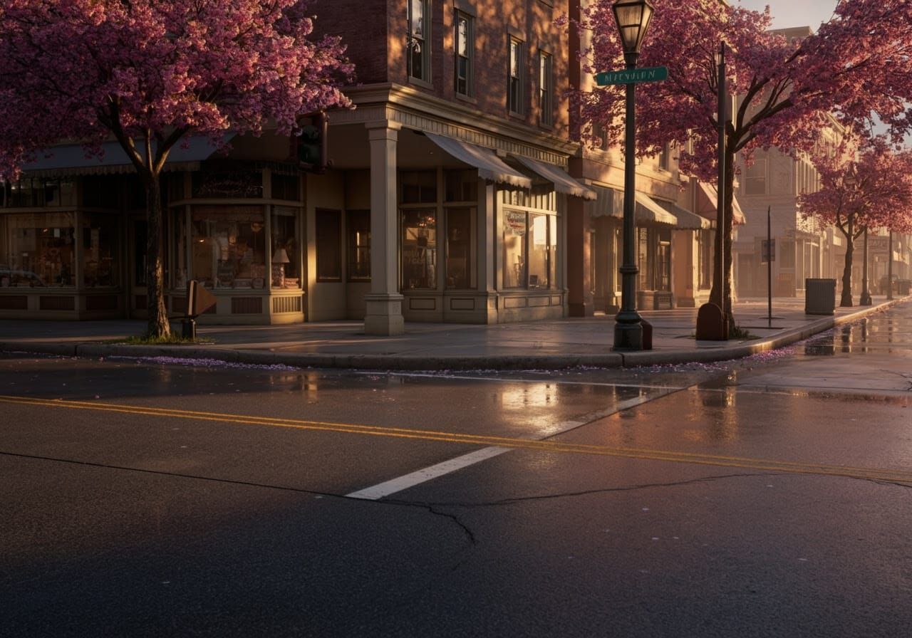 1940s America City Street Scene in Vibrant Spring Color