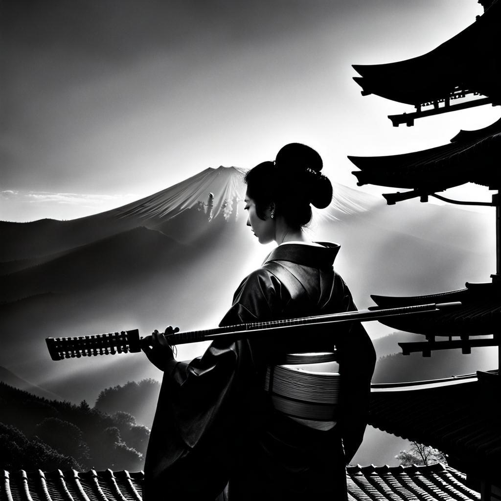 Geisha and Shamisen Double Exposure in Black and White