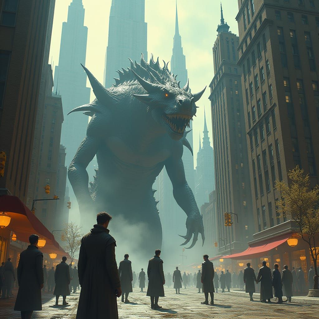 Dragon in Cityscape: Gothic Art Deco Fantasy