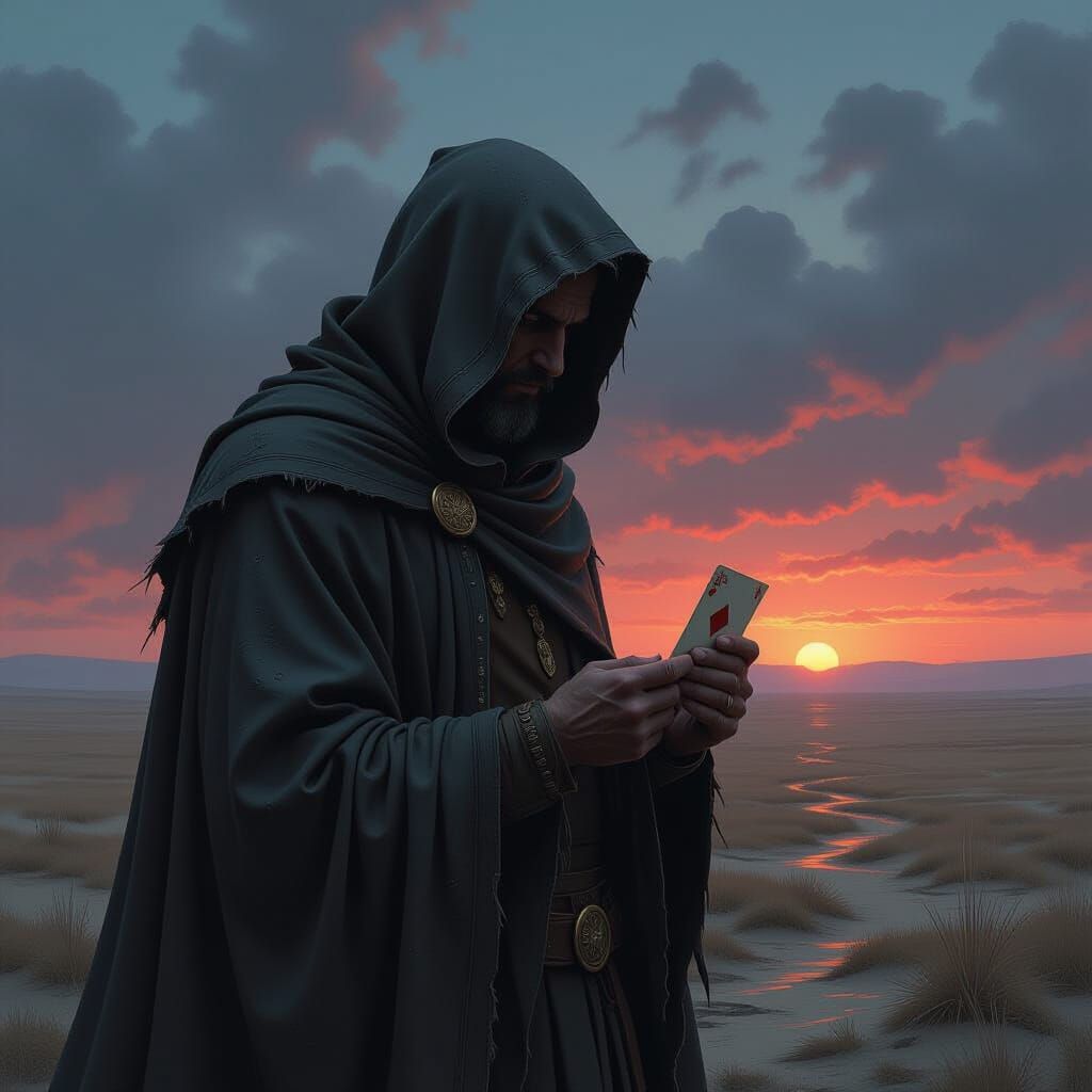 Lone Wanderer on Windswept Plain with Ancient Card