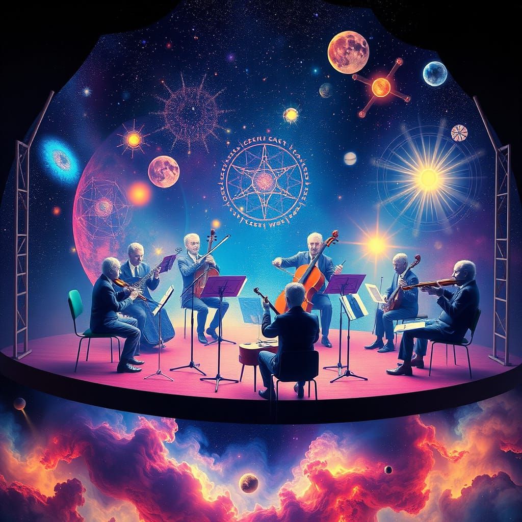 Surreal Quantum Particle Orchestra in Cosmic Concert Hall