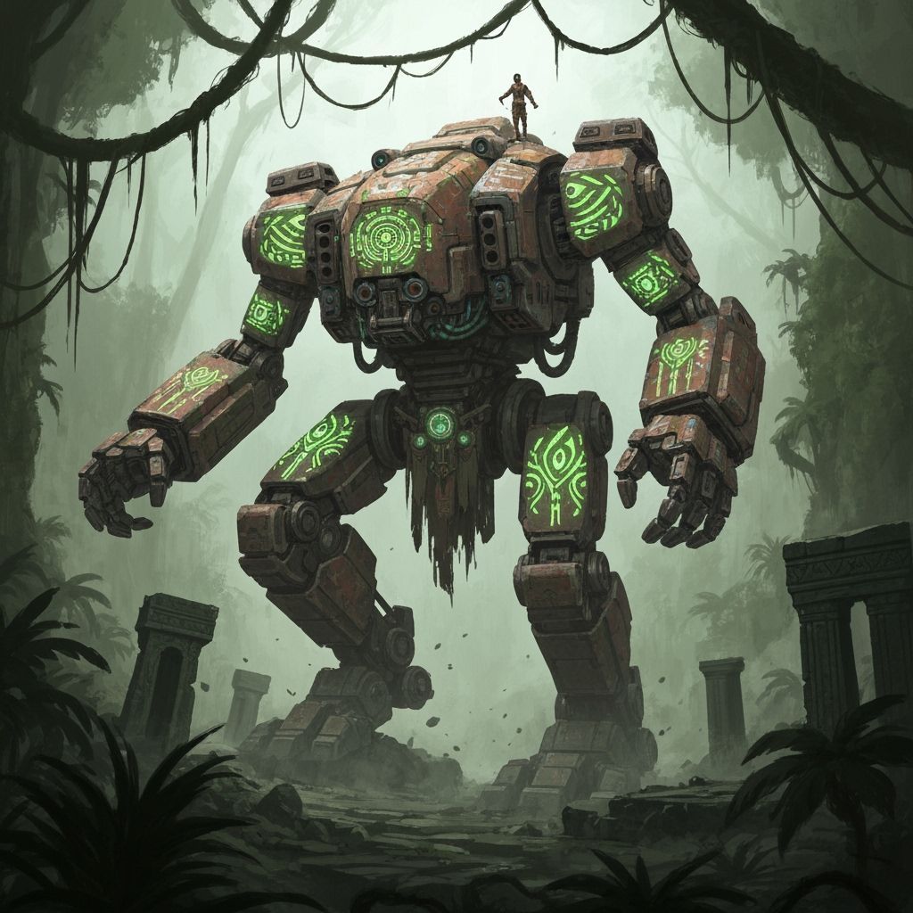 Tribal Mech Striding Through Jungle Ruins