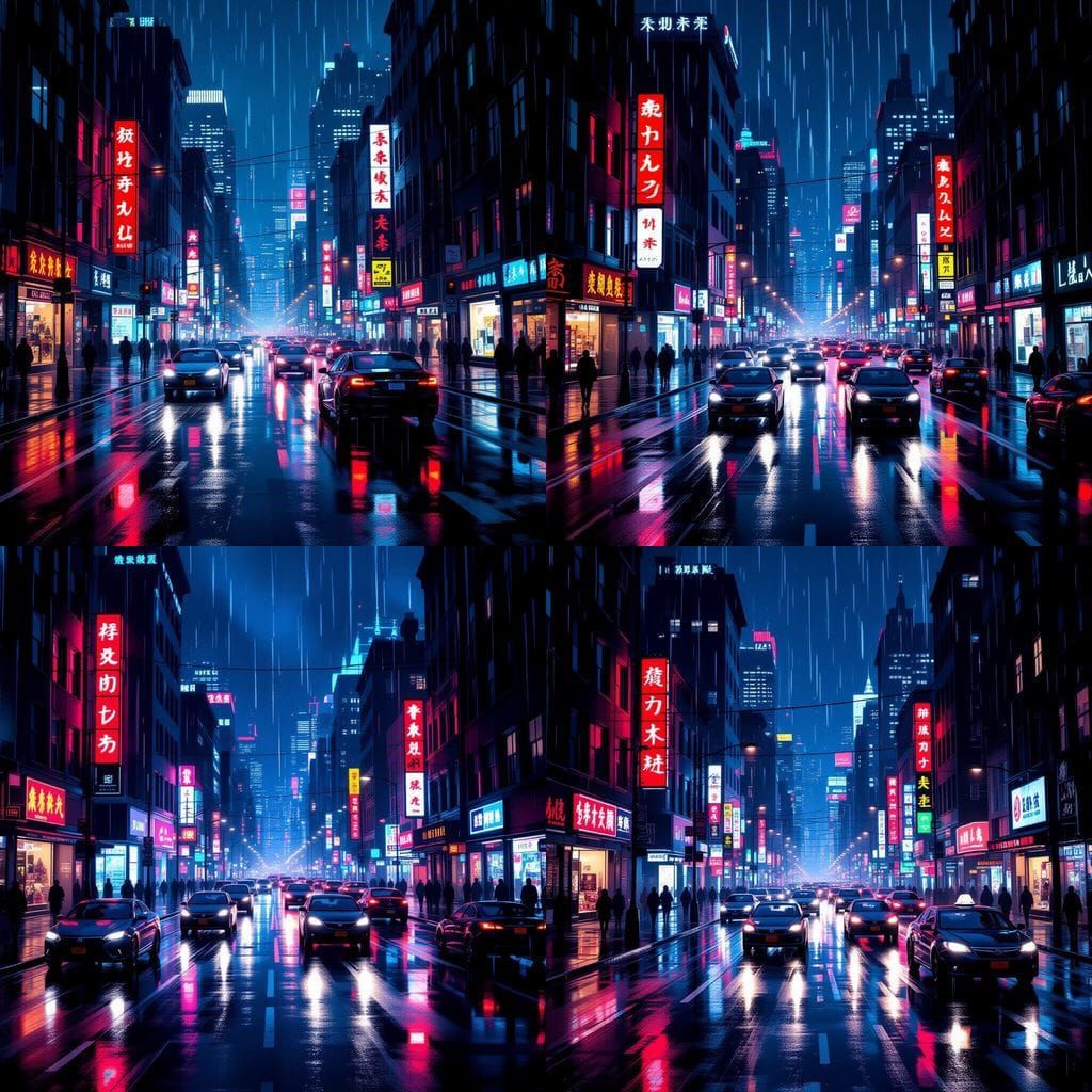 Neon-Lit City Street at Night: Urban Mystery