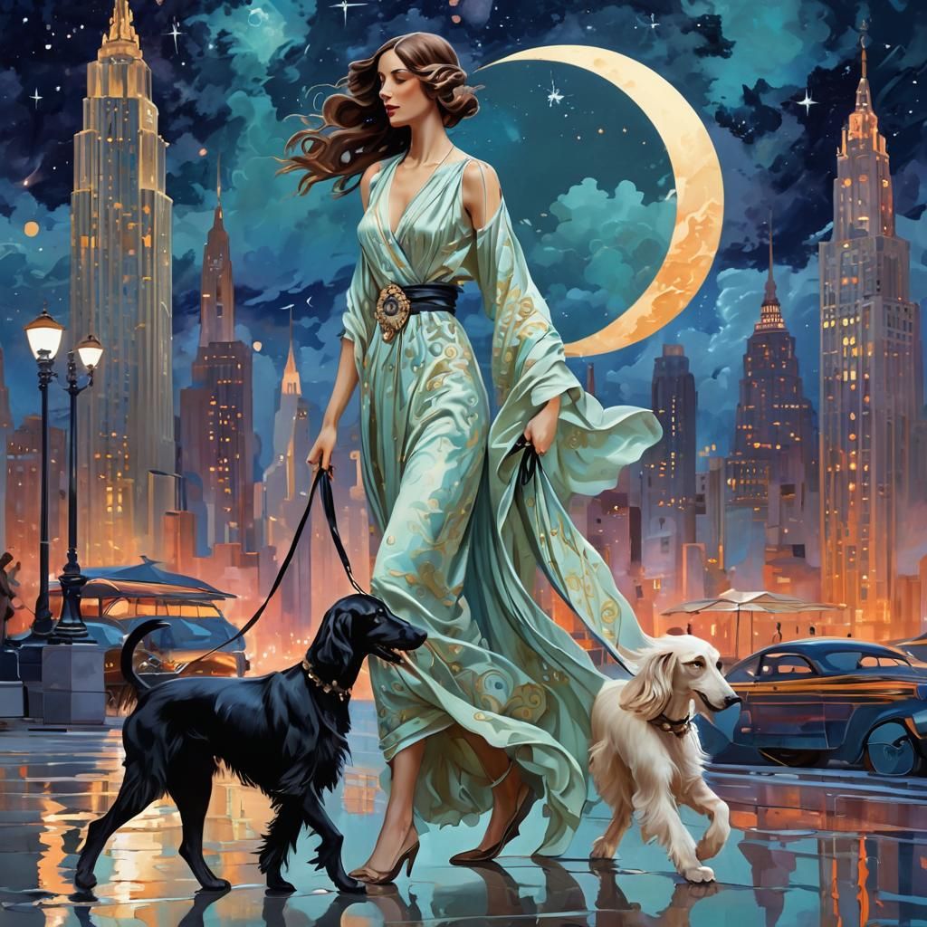 Art Deco Woman with Afghan Hounds in Cityscape