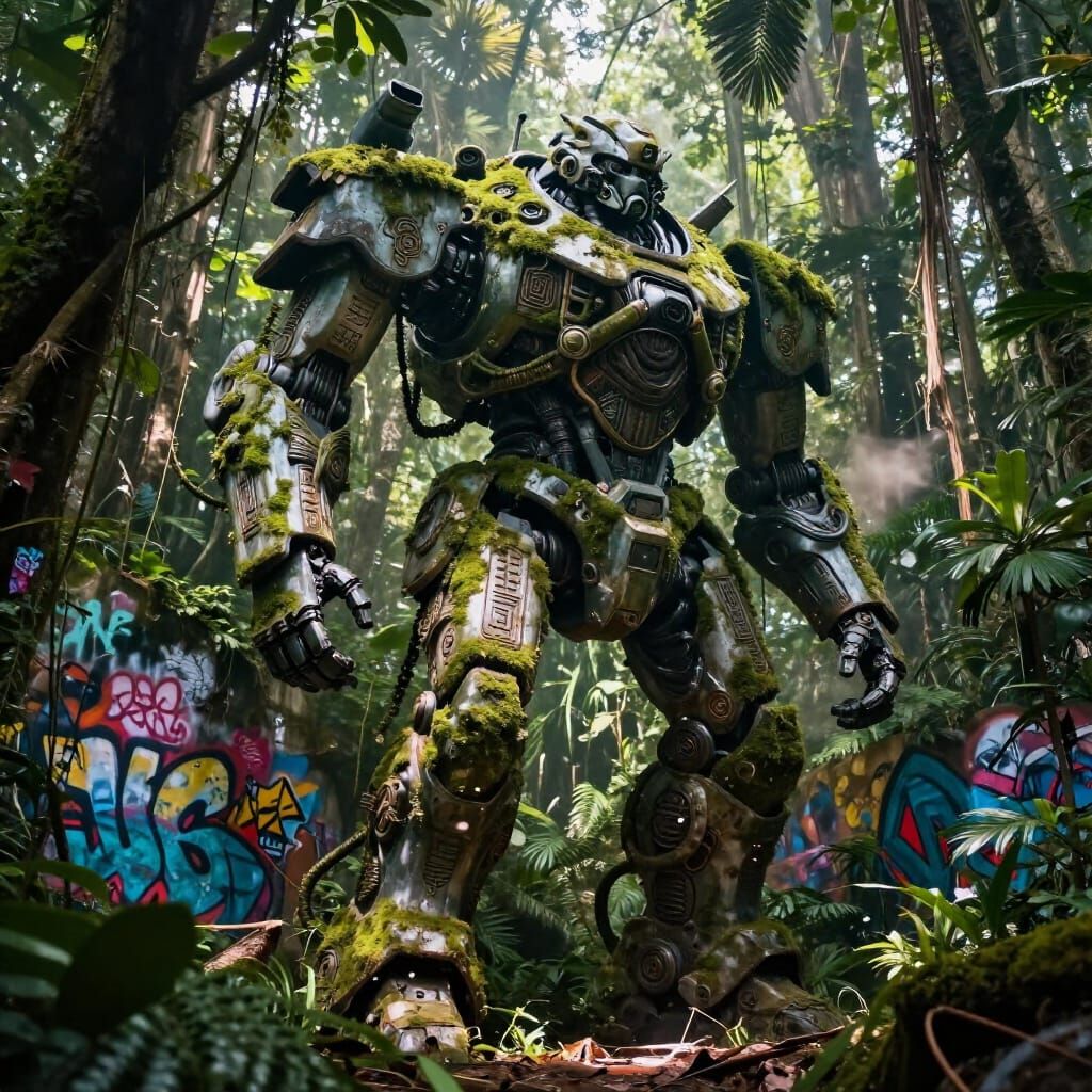 Ancient Mech in Overgrown Jungle, Street Art Style