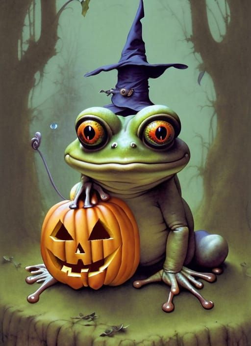 Frog Witch with Pumpkin: Whimsical Digital Art