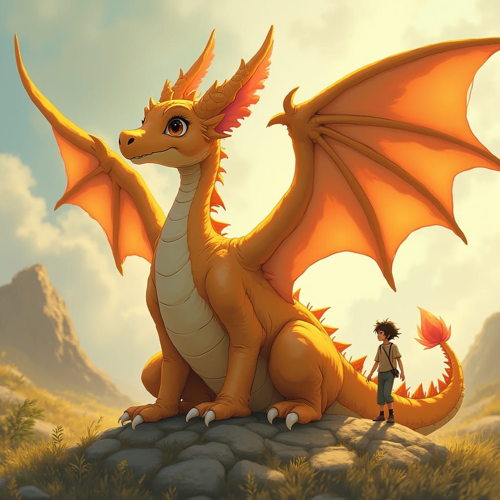 Majestic Sandy-Coloured Dragon with Tiny Climber in Whimsica...