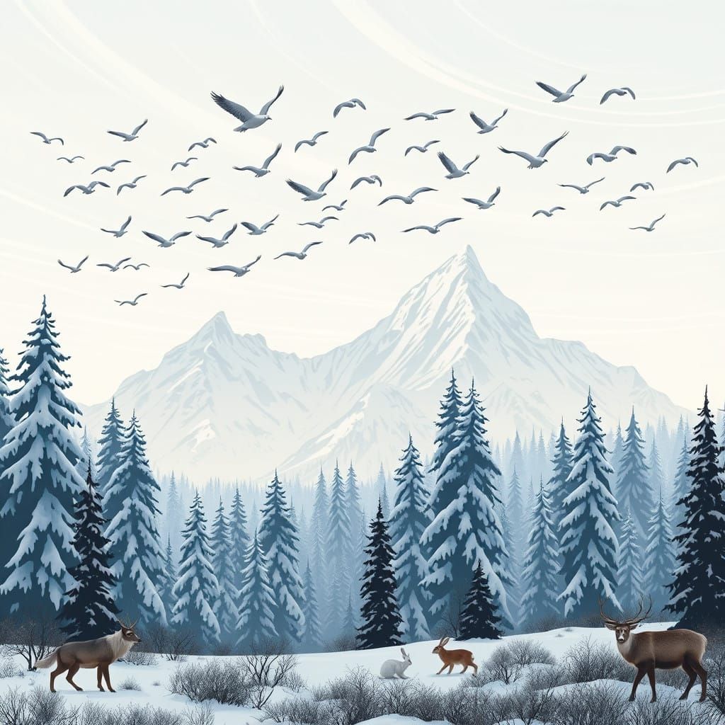Snowy Forest Mountain Range with Birds in Migration