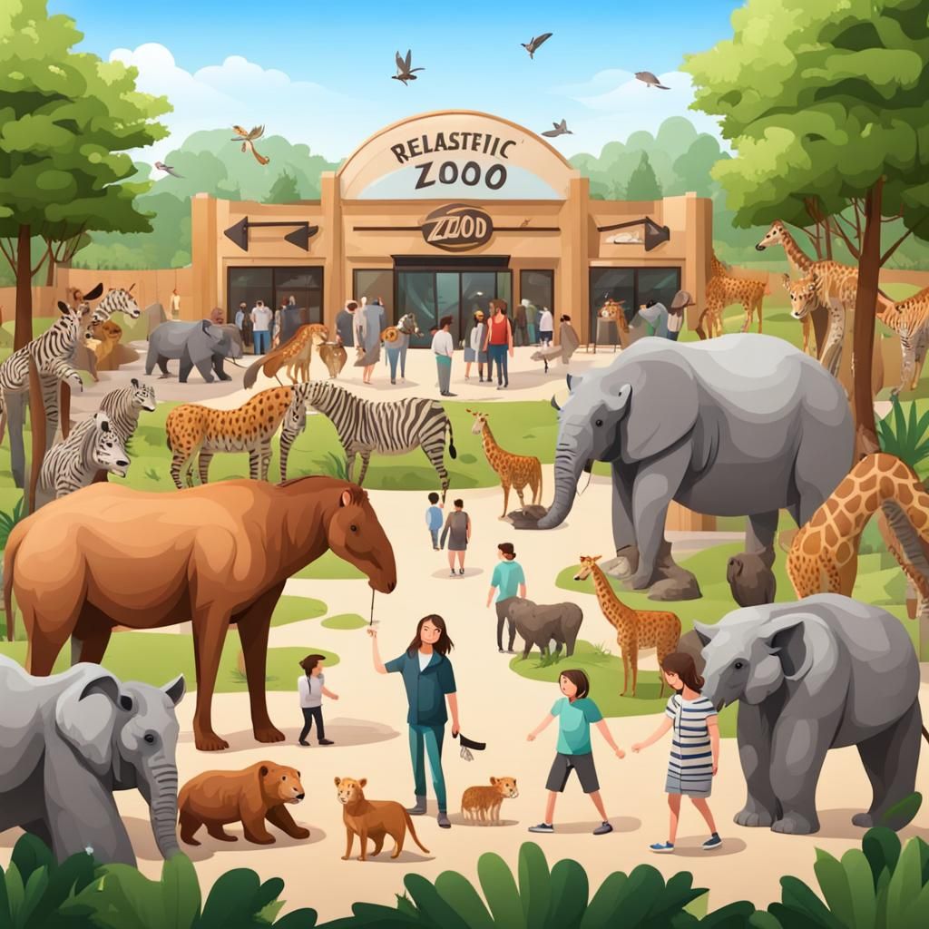 Realistic Zoo Scene with Animals and Visitors