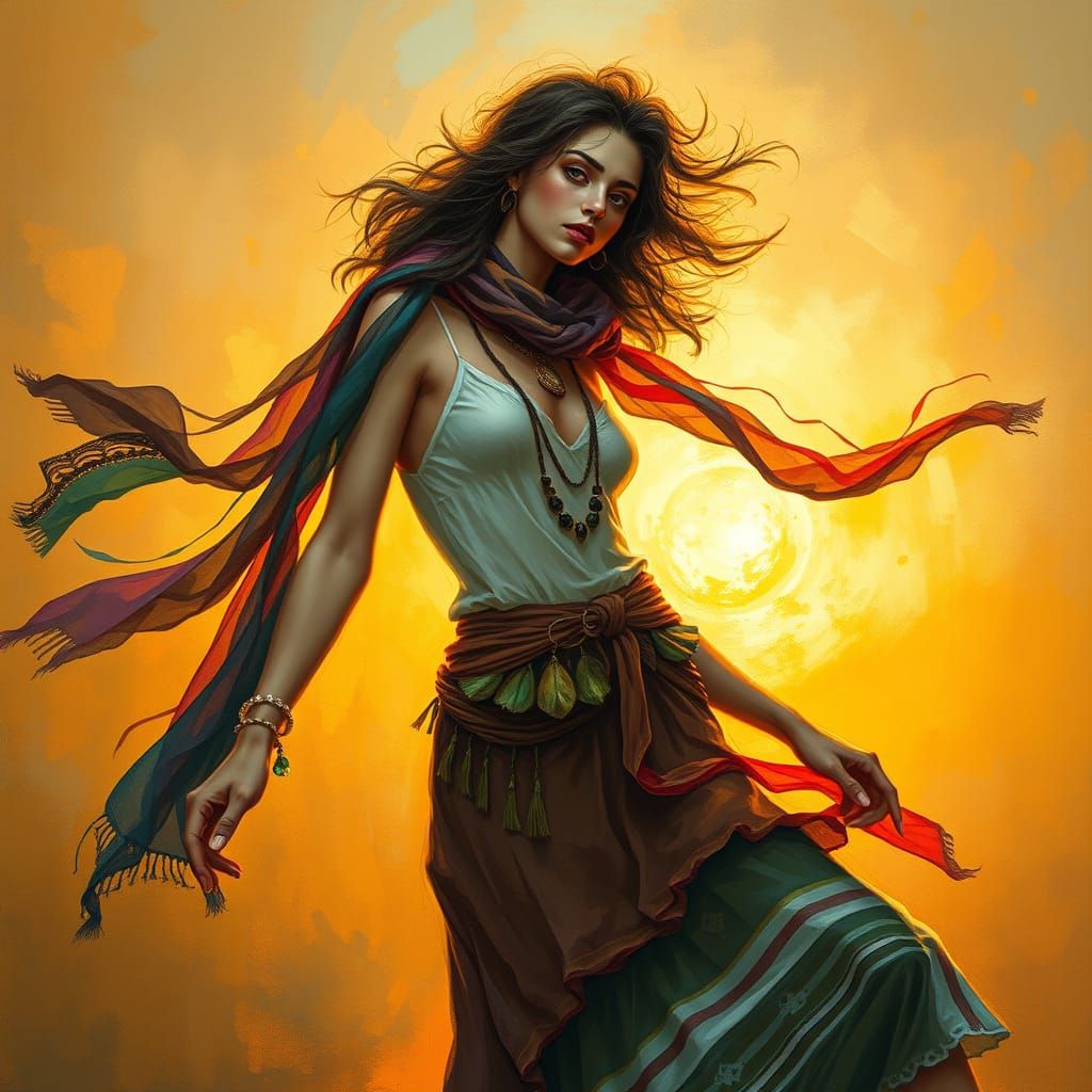 Mystical Woman in Vibrant, Dreamlike Setting