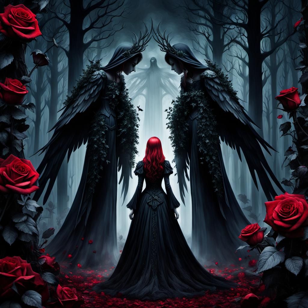 Gothic Angel in Dark Rose Forest: 3D Cinematic Art