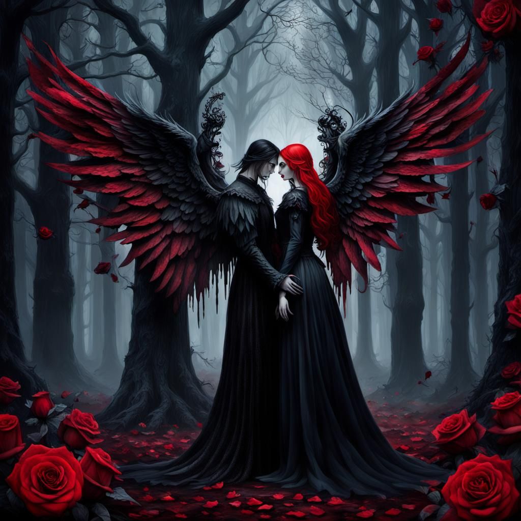 Angel and Gothic Girl in Dark Rose Forest