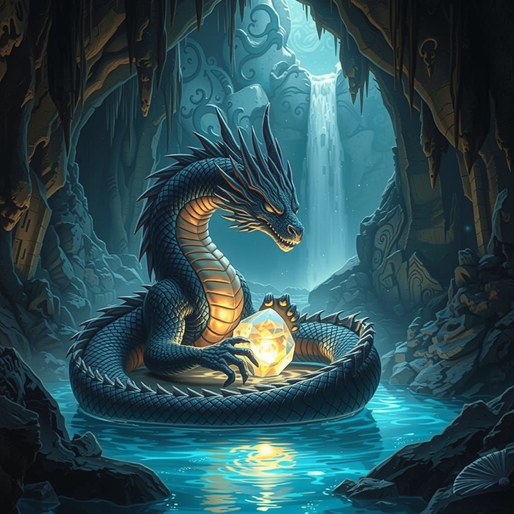 Ancient Obsidian Dragon Guards Crystal in Hidden Cavern