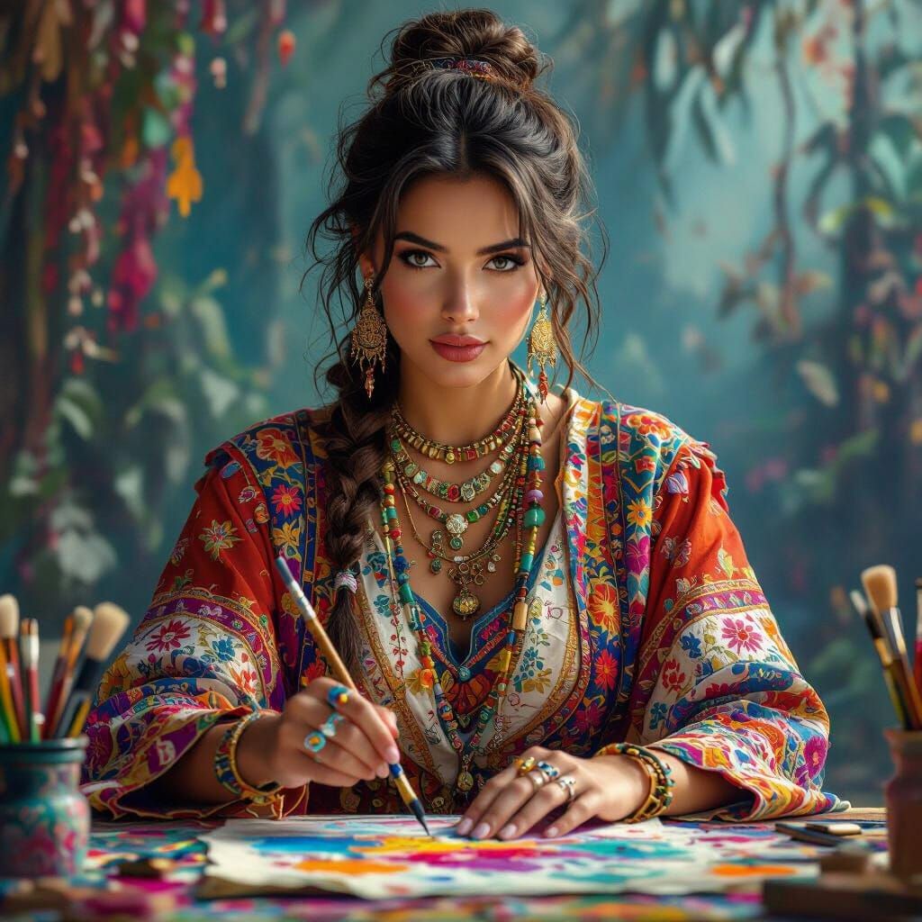 Hyperrealistic Painter in Colorful Clothing, Matte Painting ...