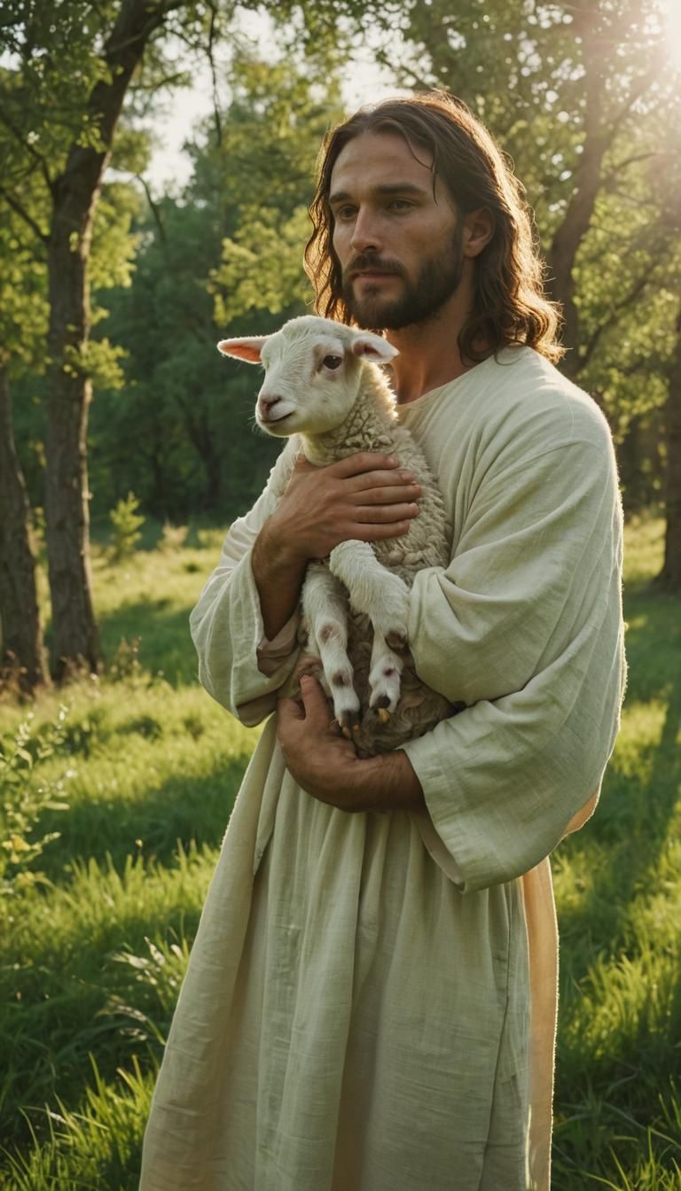 Jesus Holding Lamb in Meadow: Golden Hour Film Still