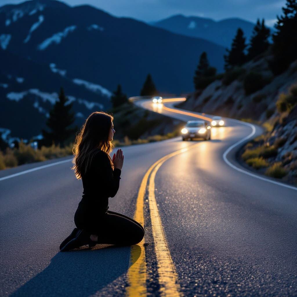 Woman Praying on Mountain Road at Night