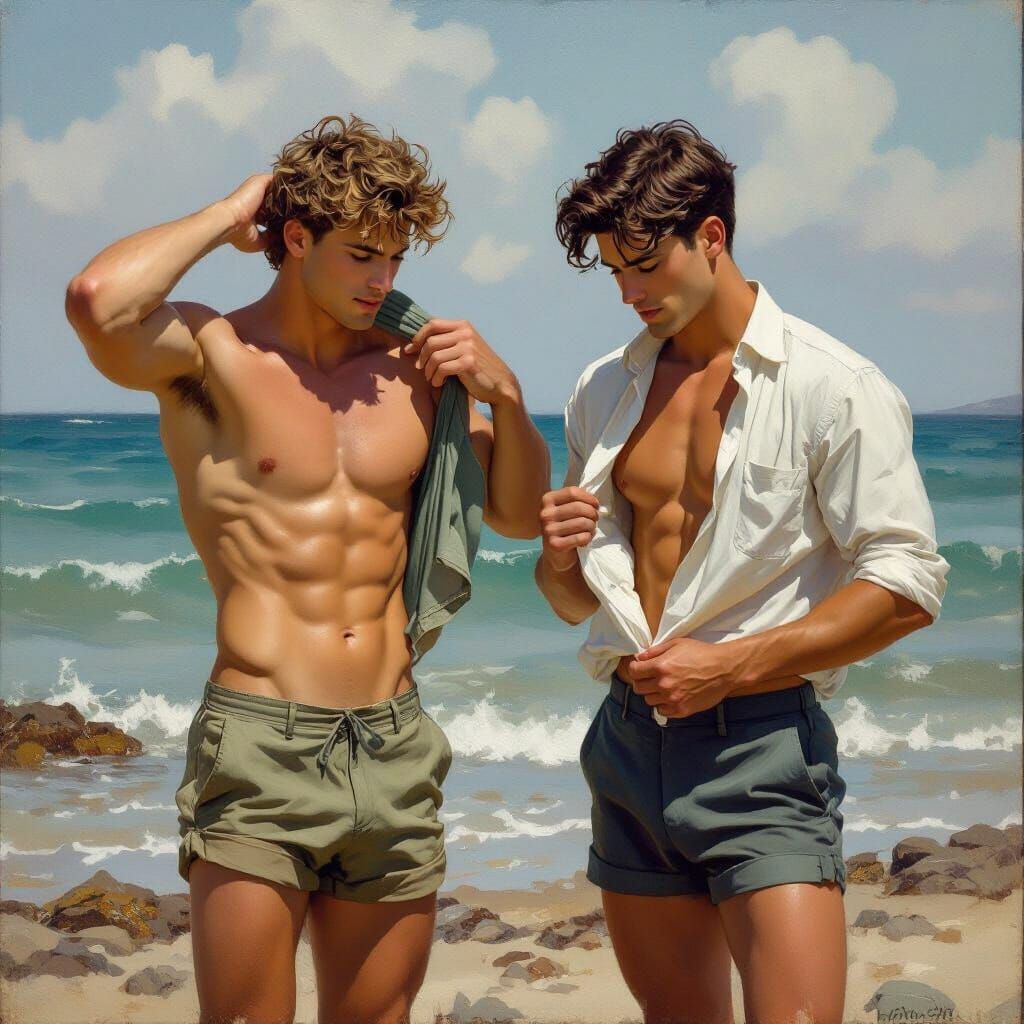 Boys Preparing to Swim, in Oil Painting Style