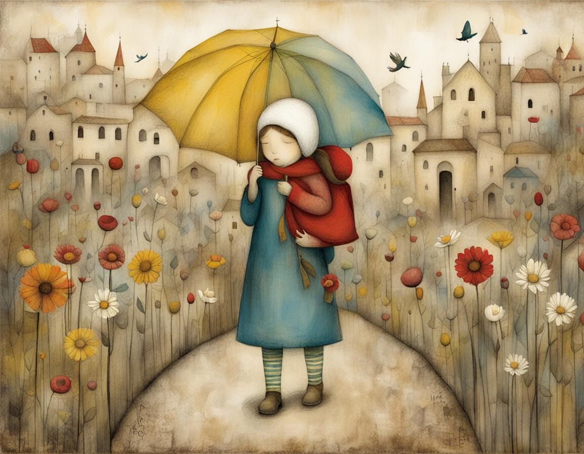 Whimsical Watercolor Illustration of Children in a Vibrant G...