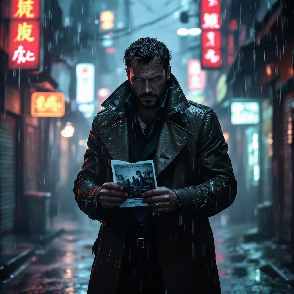Cyberpunk Detective in Rain-Soaked Alleyway