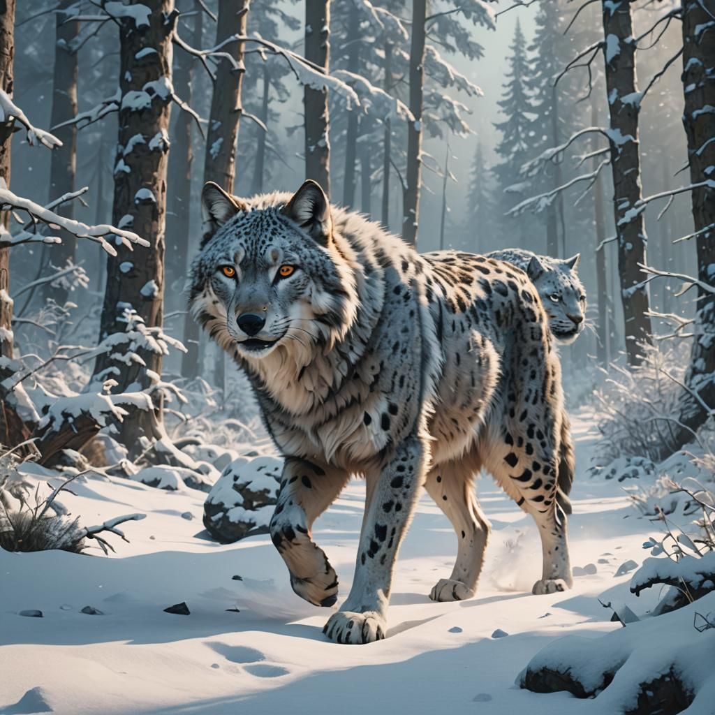 Wolf-Leopard Hybrid in Snowy Forest, Concept Art