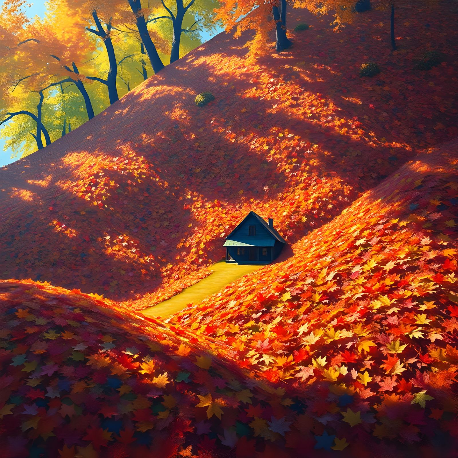 Giant Autumn Leaf Pile Overwhelms House in Oil Painting