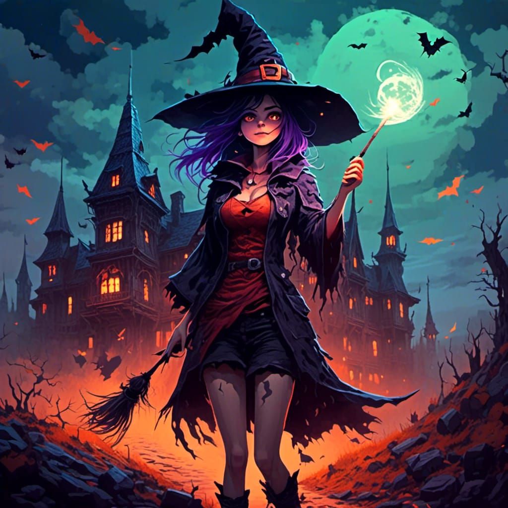 Halloween Witch with Wand in Digital Art Style
