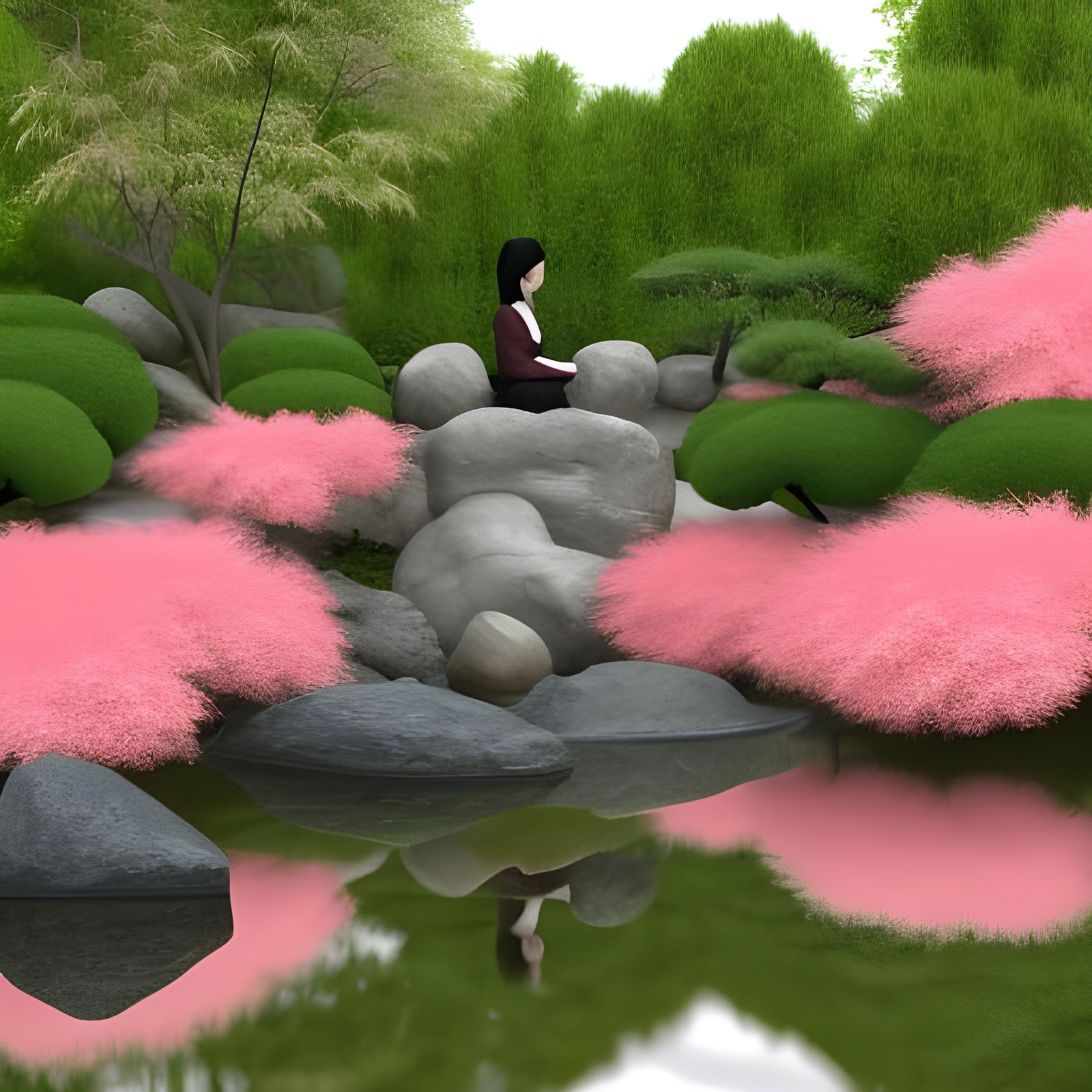 a beautiful Japanese woman in a Japanese garden with water, stone, water, and bamboo. Surrounded by azaleas and cherry t...