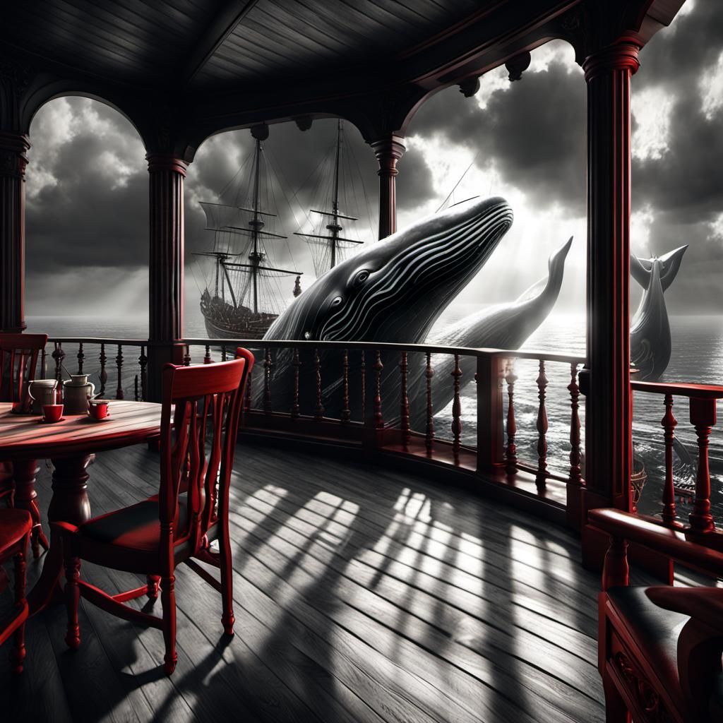 Giant Whales Overlooking Seafront Coffee Shop in Dramatic Bl...