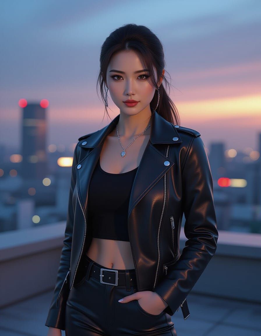 Confident Japanese Woman on Urban Rooftop at Dusk