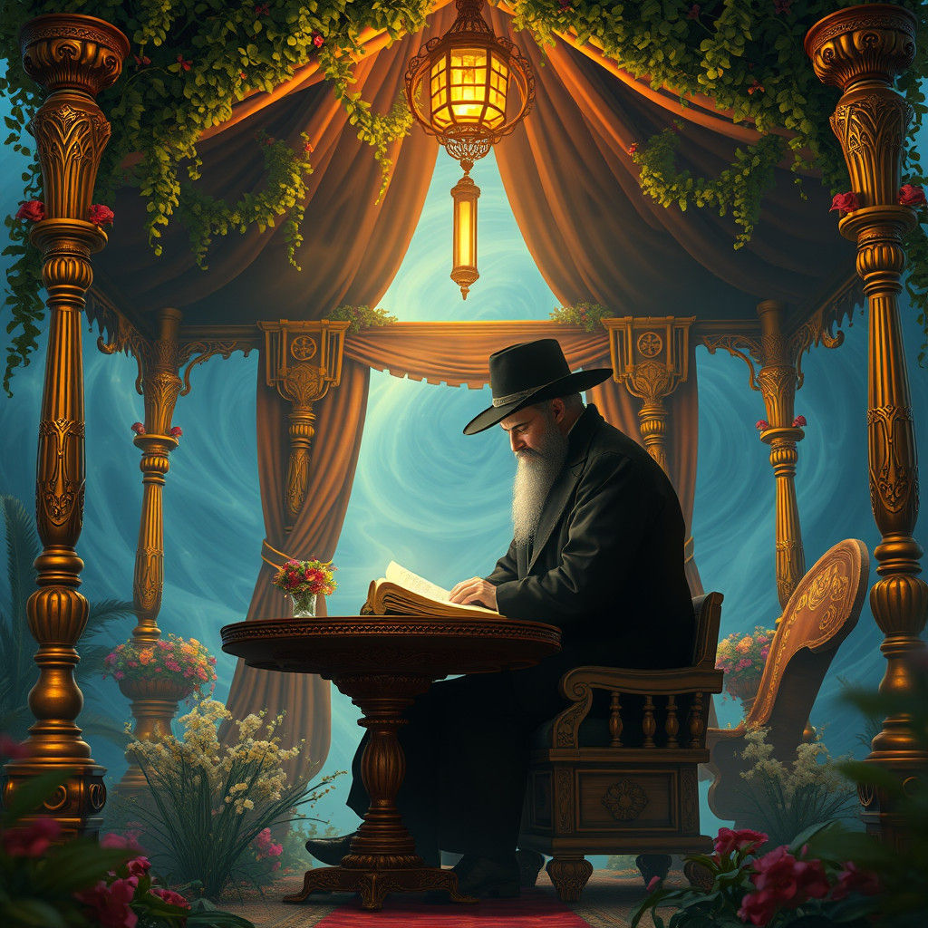 Hasidic Scholar Reading Torah in Majestic Sukkah
